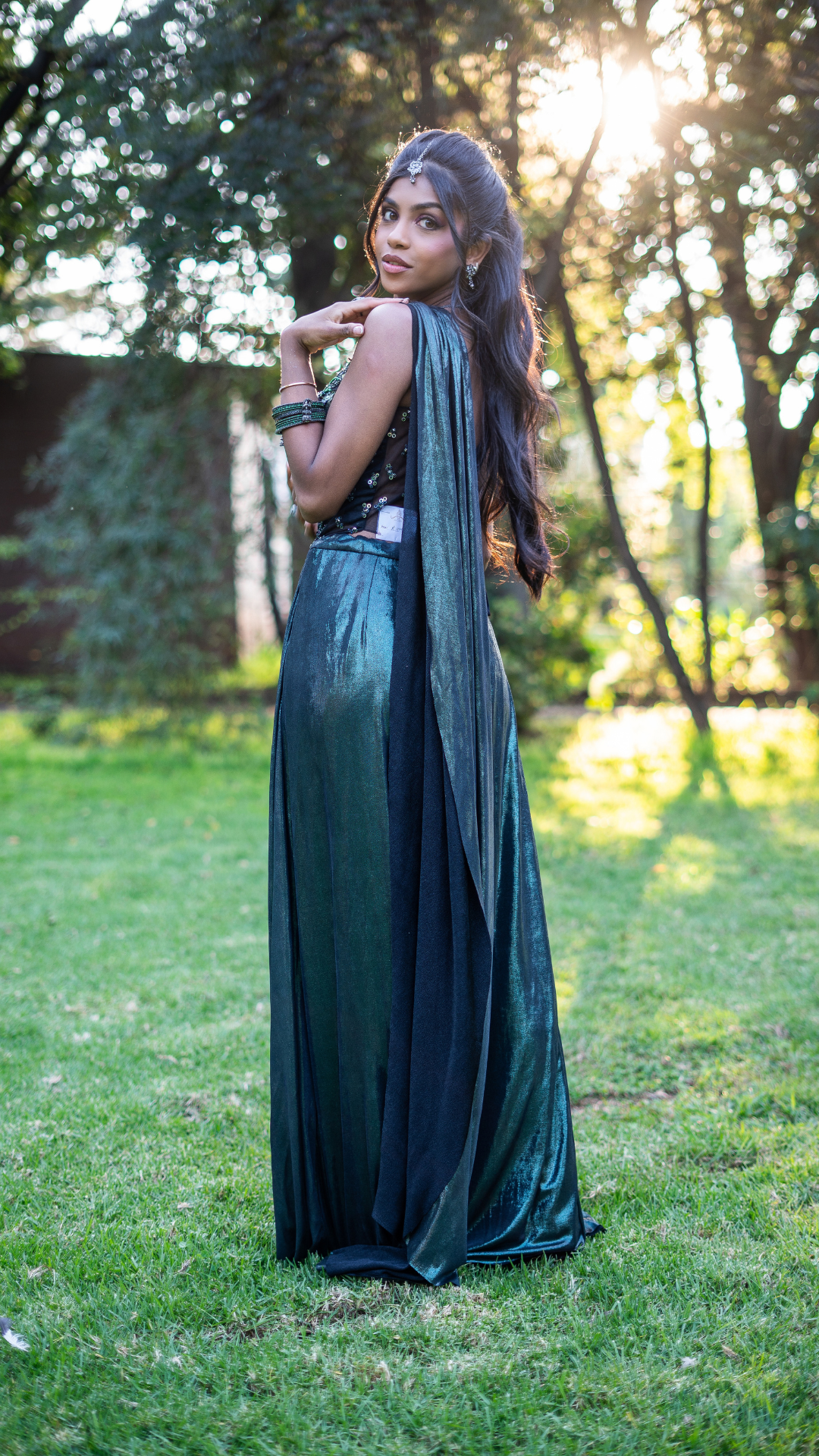 Shimmer Metallic Green Draped Sari Set