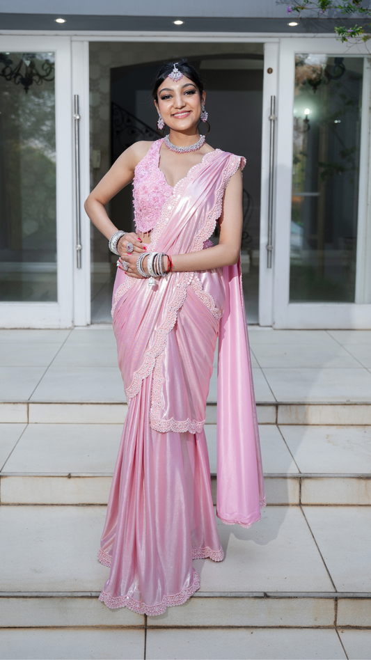 Shimmer Pink Draped Sari Set