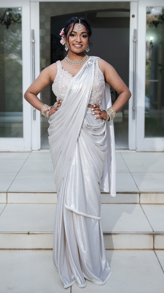 Shimmer Silver White Draped Sari Set