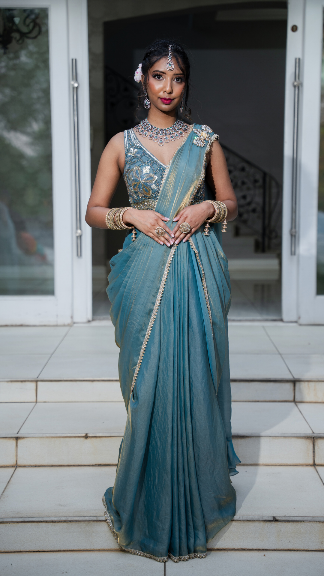 Shimmer Turquoise Blue Draped Sari Set