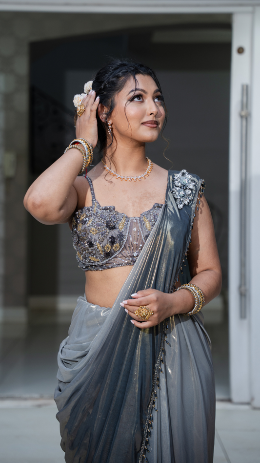Shimmer Metallic Ombre Grey Draped Sari Set