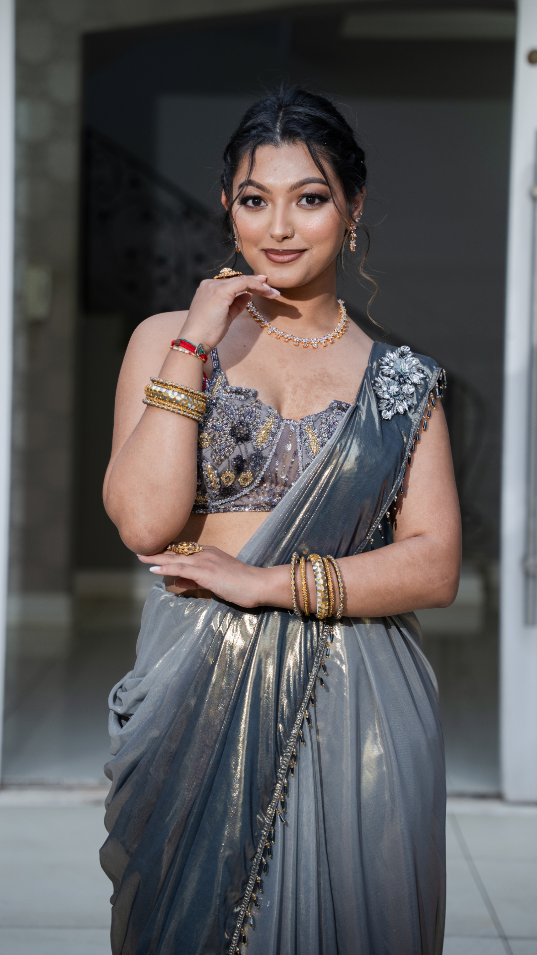 Shimmer Metallic Ombre Grey Draped Sari Set