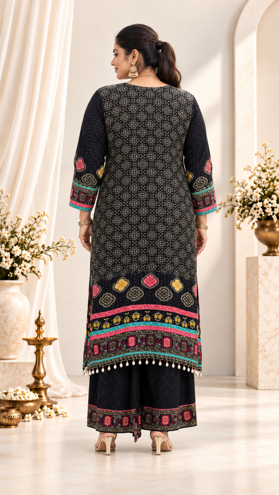 Black Colourful Crepe Sharara Set
