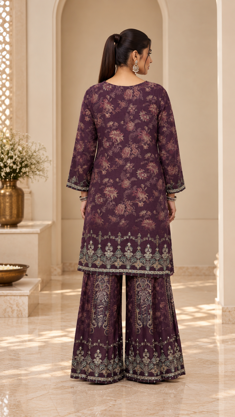 Purple Printed Crepe Sharara Set