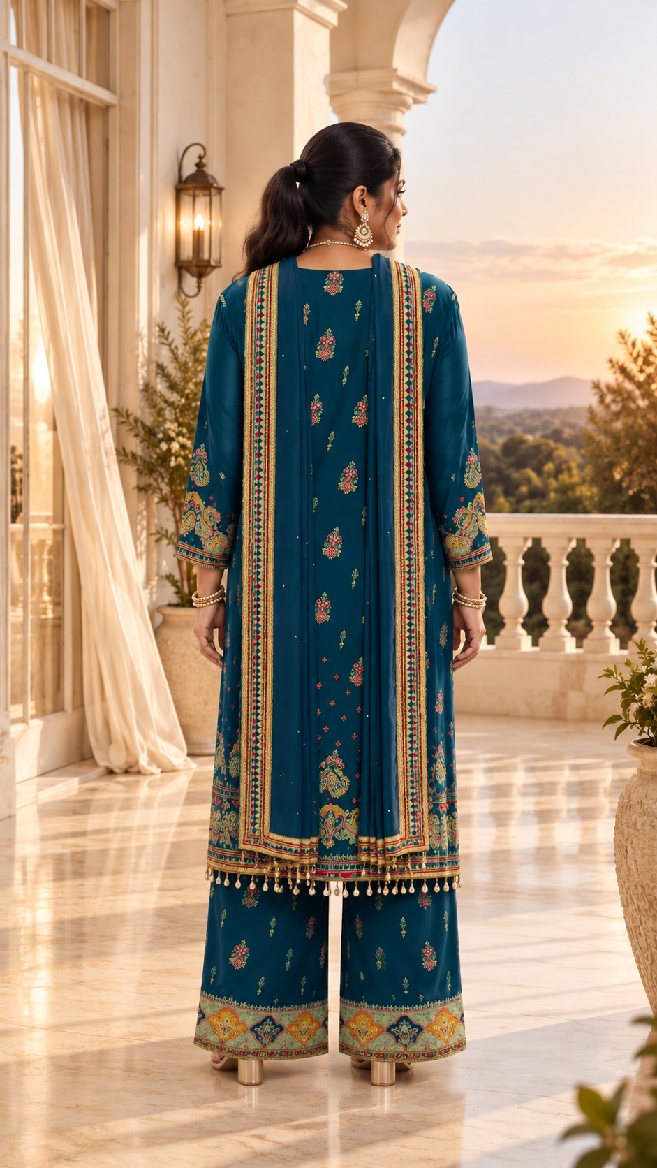 Blue Colourful Printed Crepe Sharara Set