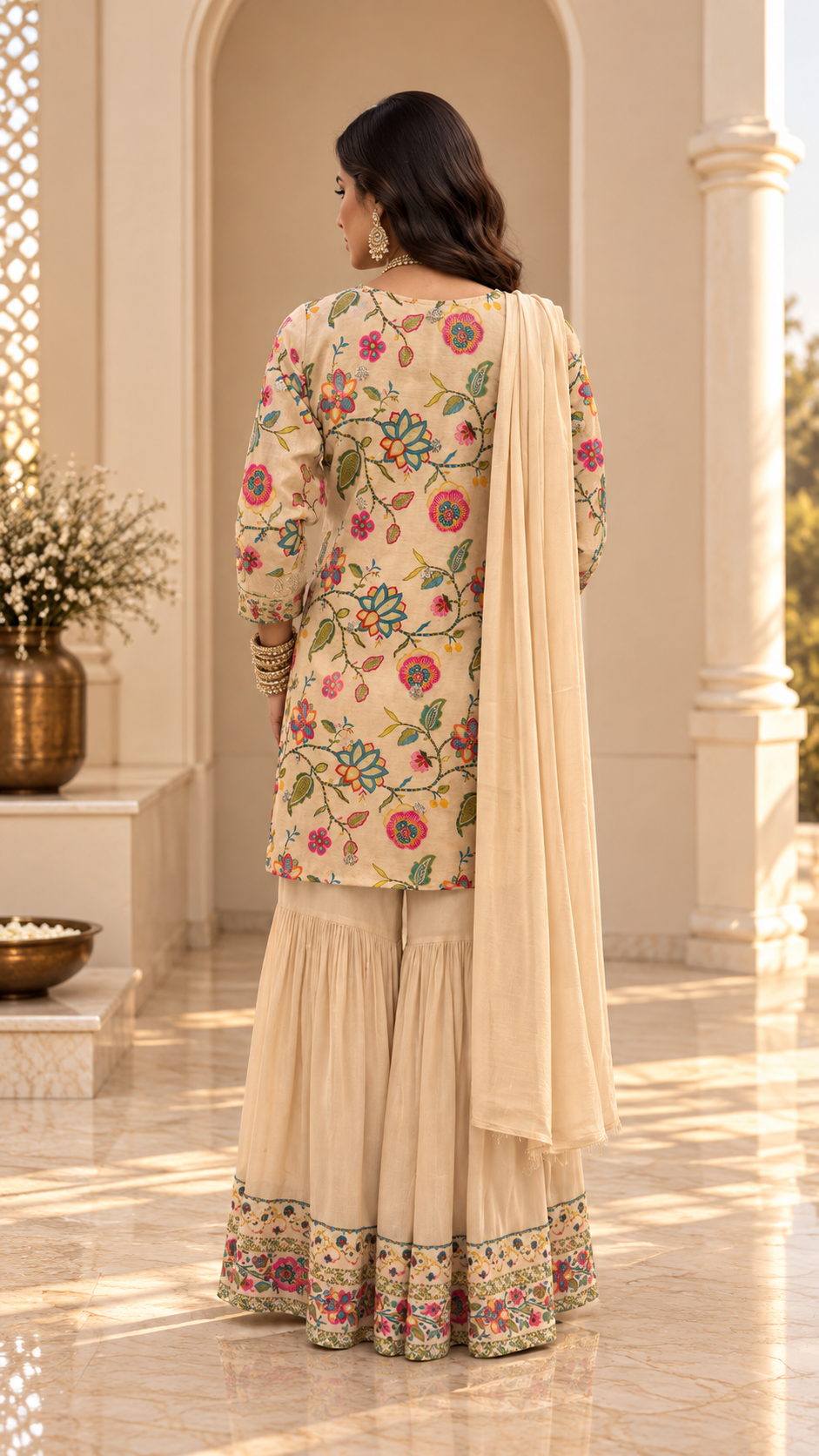 Beige Floral Printed Sharara Set