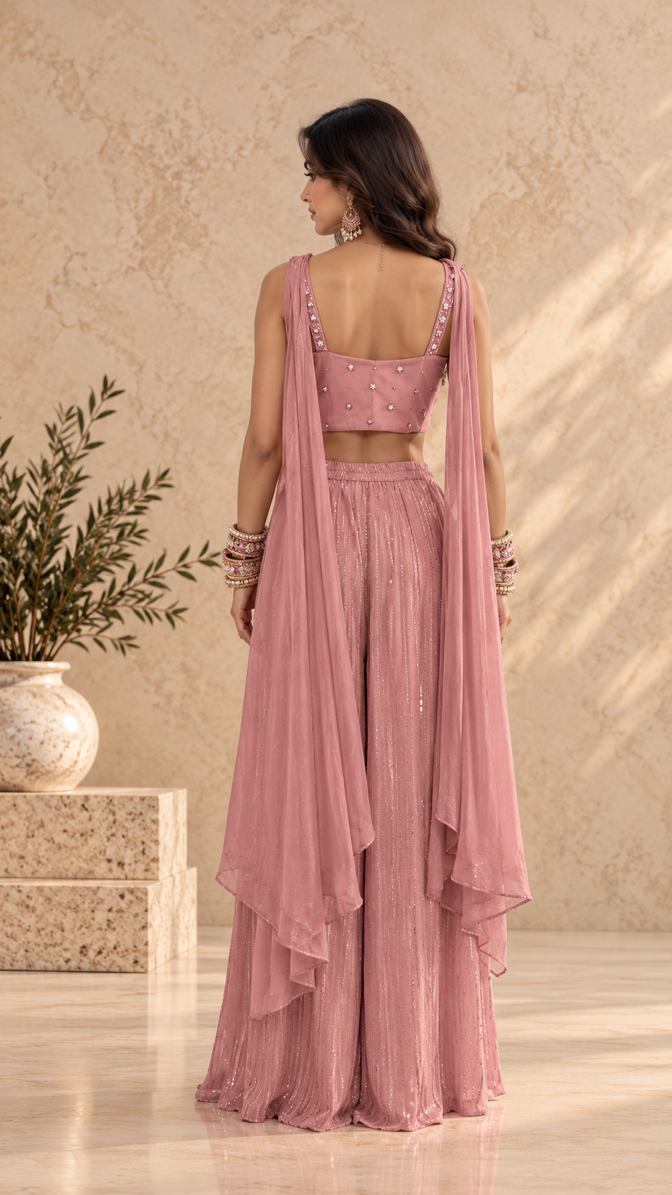 Dusty Pink Beaded Corset Crimped Sharara Set