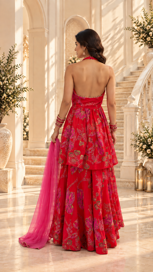 Pink Floral Printed Crepe Halter Sharara Set