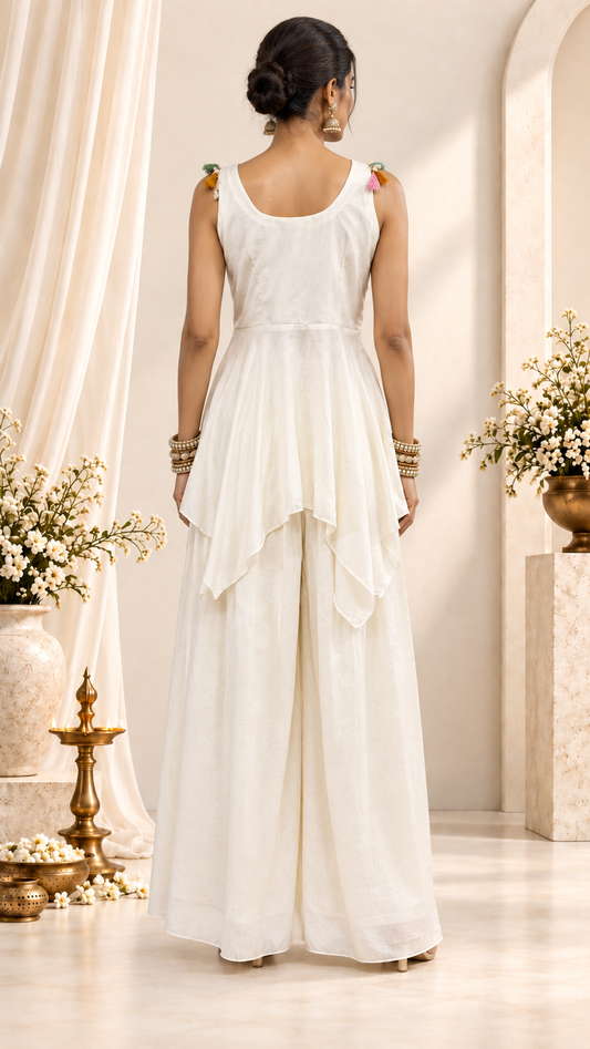 White Georgette Plazo Pants with Embroidery Sharara set