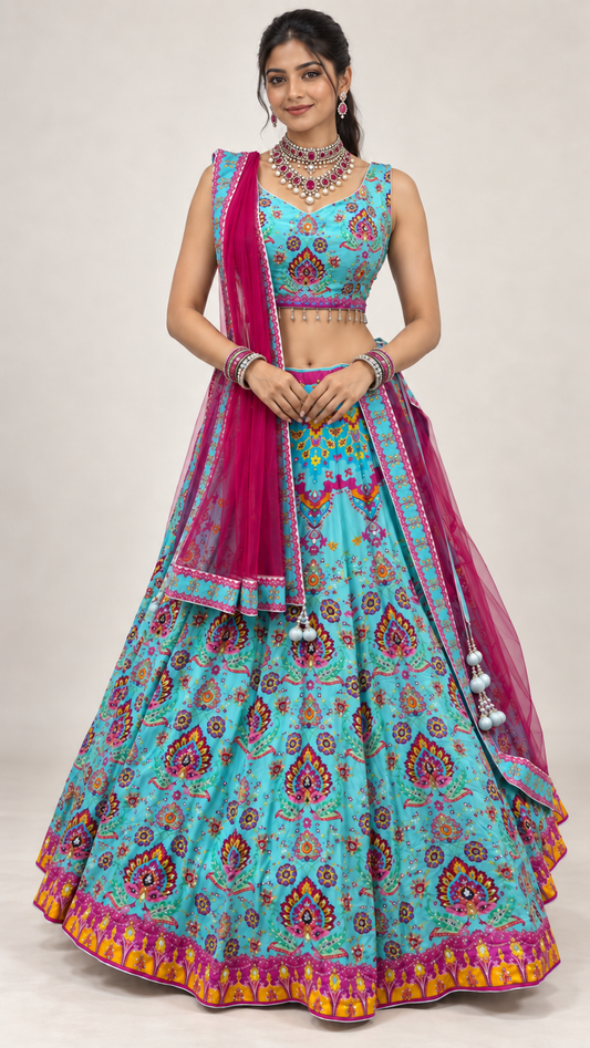 Blue Printed Fully Flare Crepe Lehenga