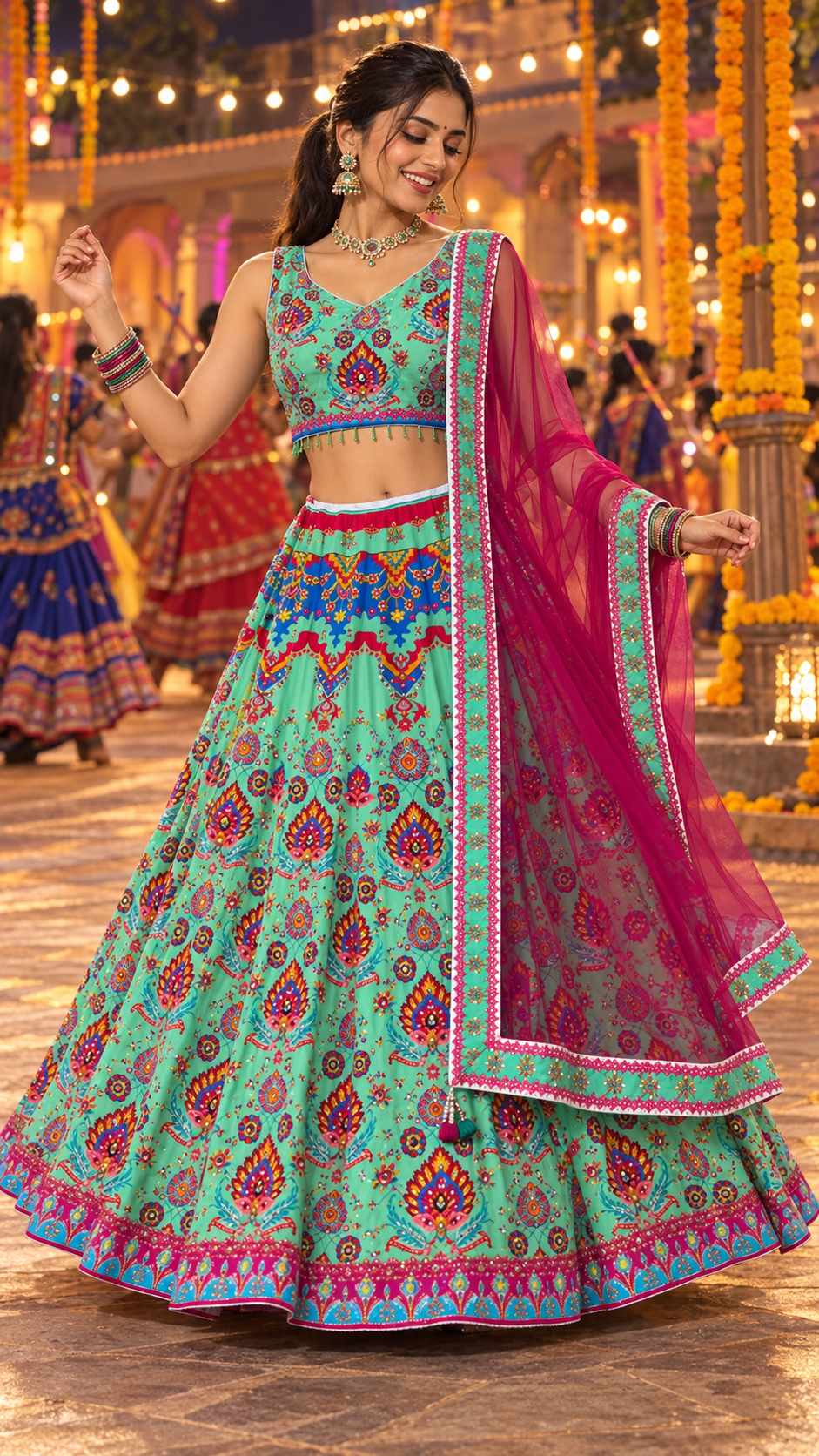 Turquoise Printed Fully Flare Crepe Lehenga