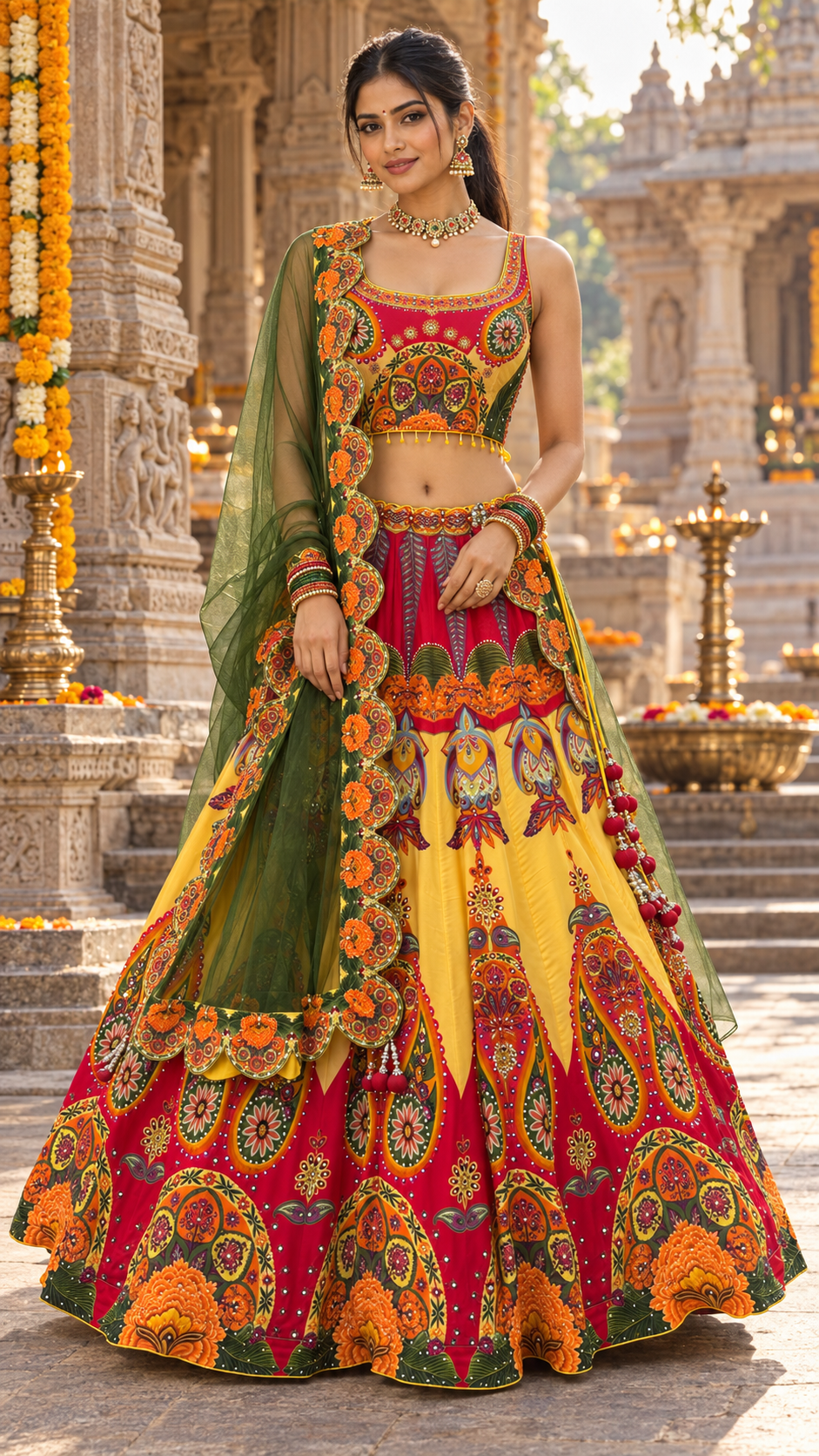 Yellow Multi Colour Printed Fully Flare Crepe Lehenga