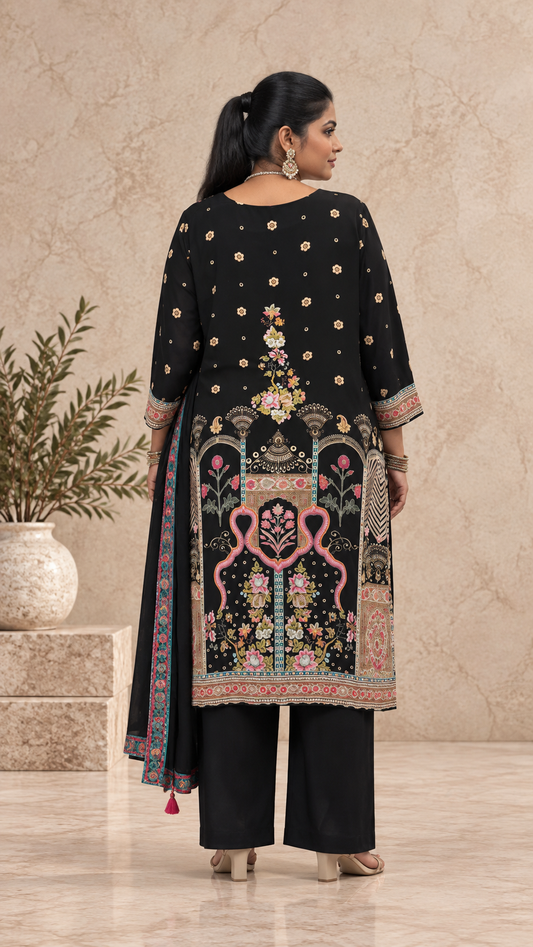Black Colourful Printed Crepe Punjabi Set
