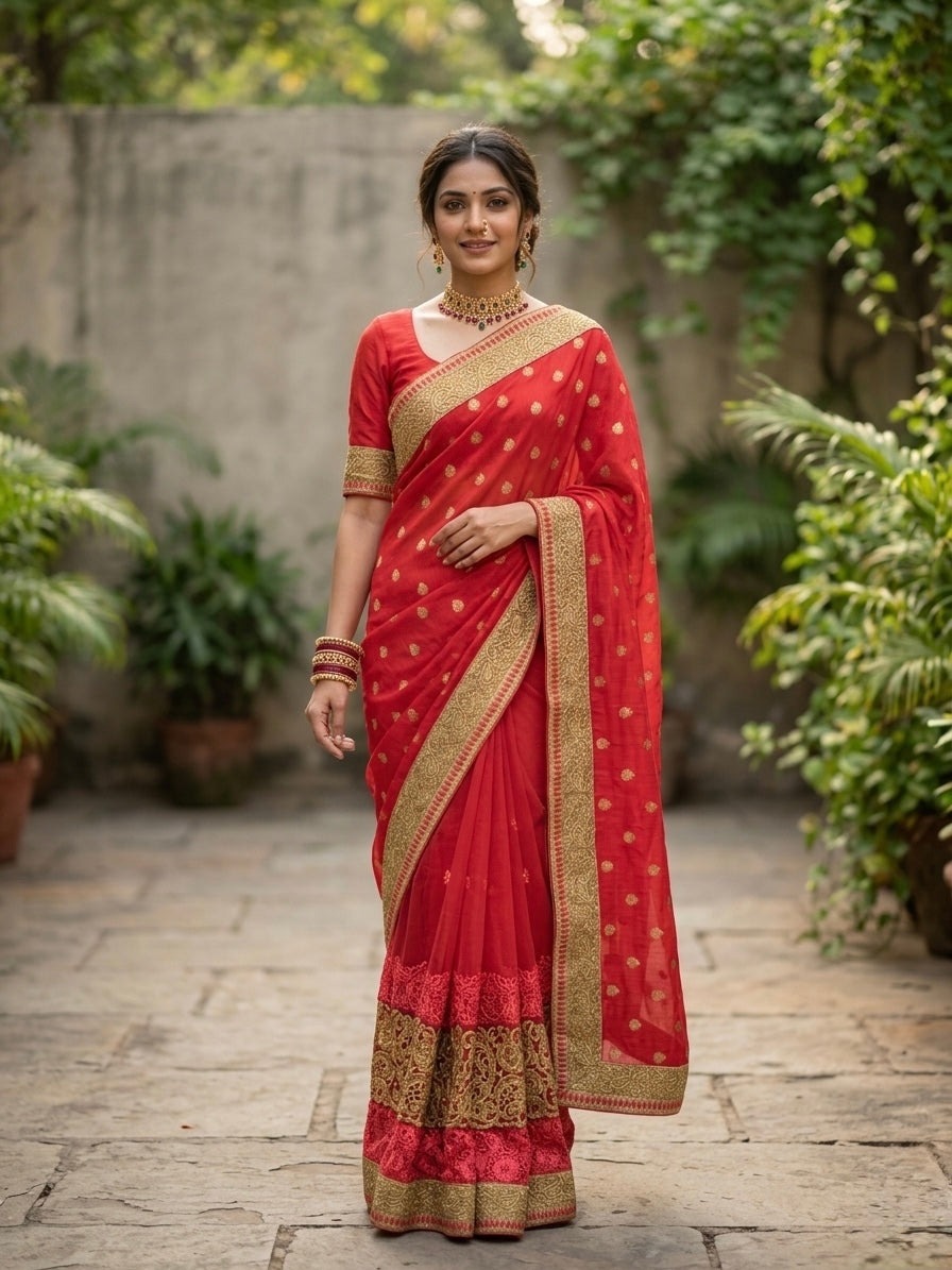 Choral Pink Georgette and Net Sari Set
