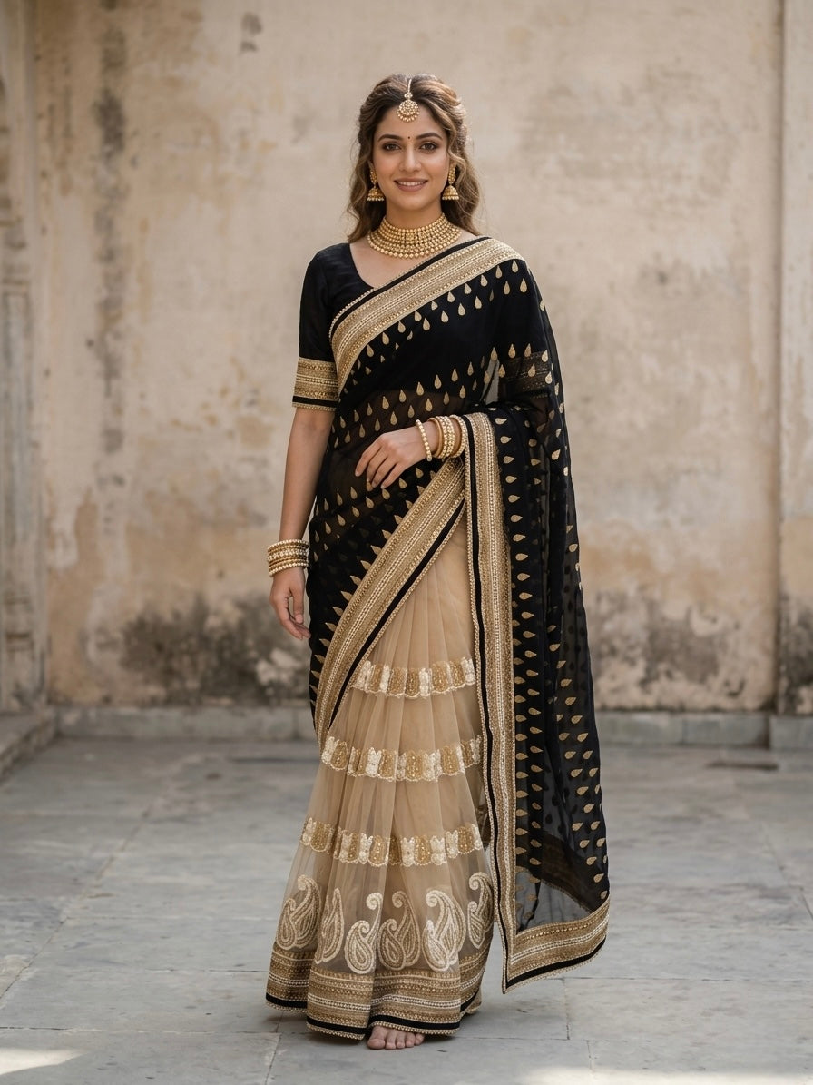 Black Georgette and Net Sari Set