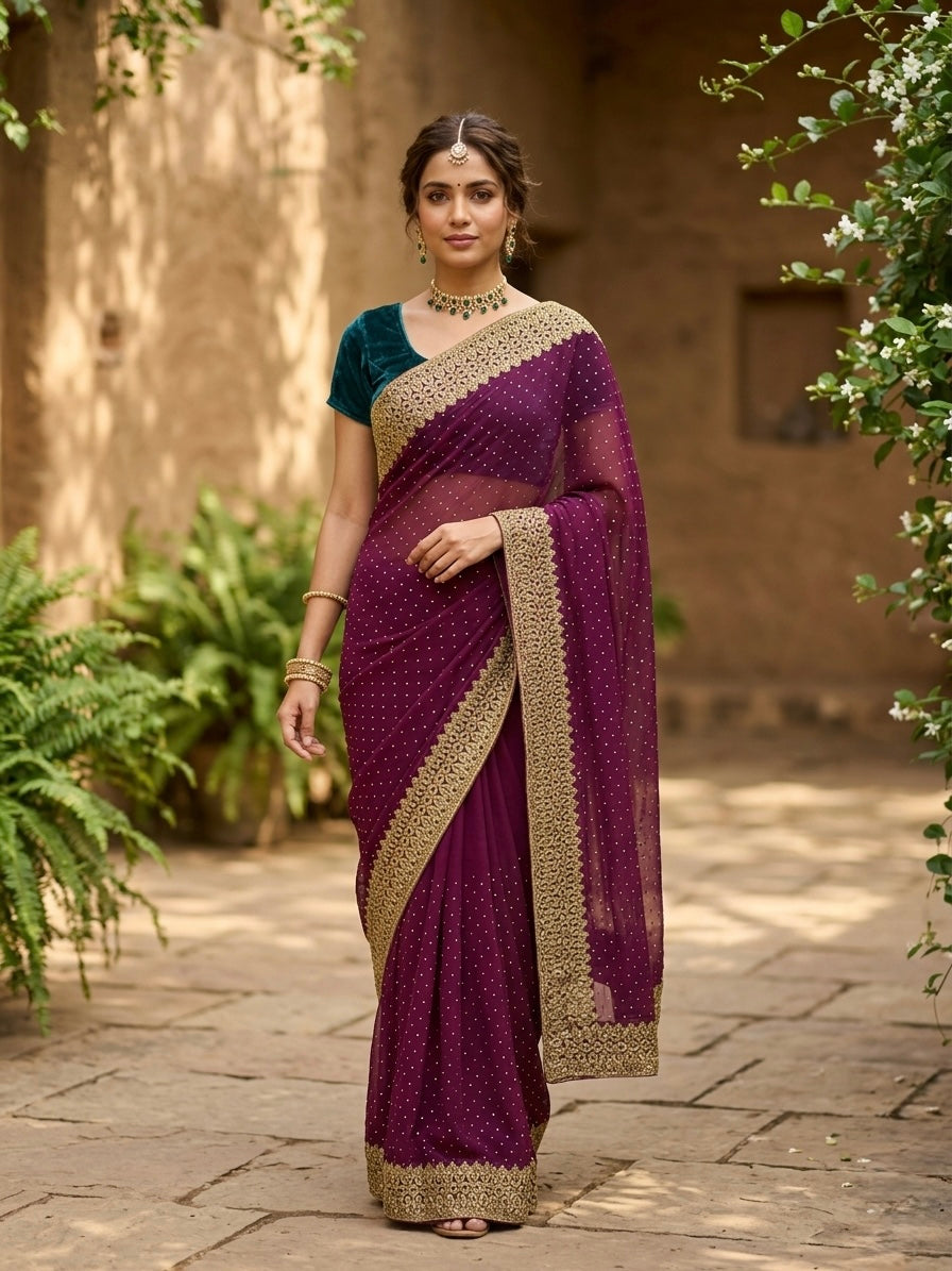 Plum Purple Gold Embroidery with Swarovski Stone Sari Set