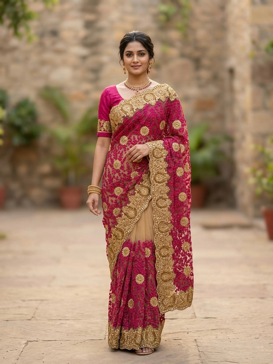 Ombre Rani Pink & Gold Embroidery Sari Set