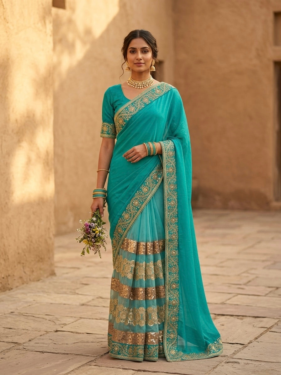 Blue Chiffon with Net Embroidery Sari Set