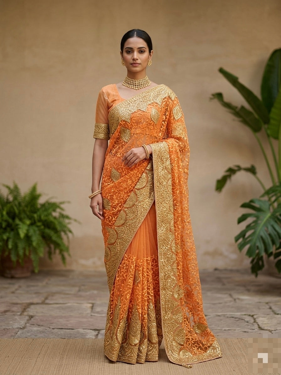 Orange Net Embroidery Sari Set