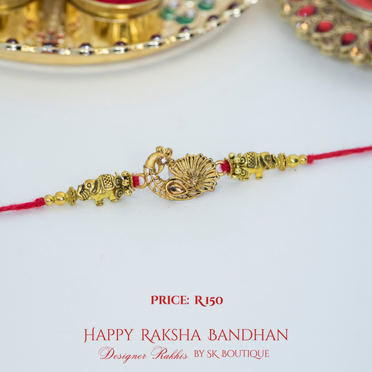 Gold Peacock with Elephants Designer Rakhi