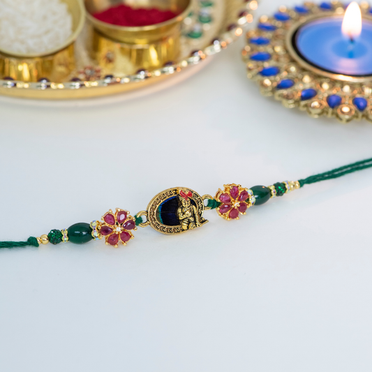 Peacock Feather with Green Kundan Flower Designer Rakhi