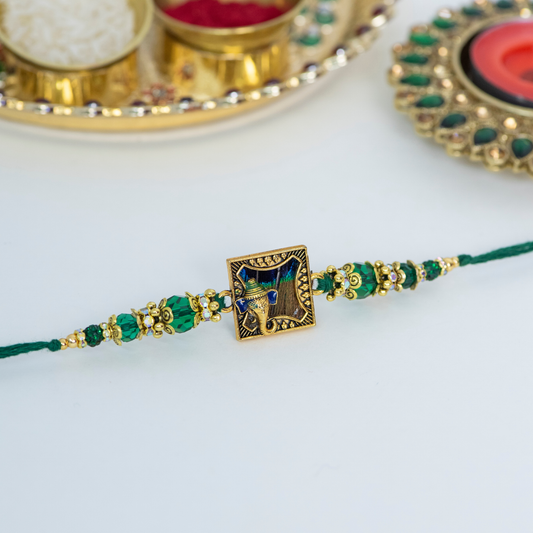 Peacock Feather with Pink Kundan Flower Designer Rakhi