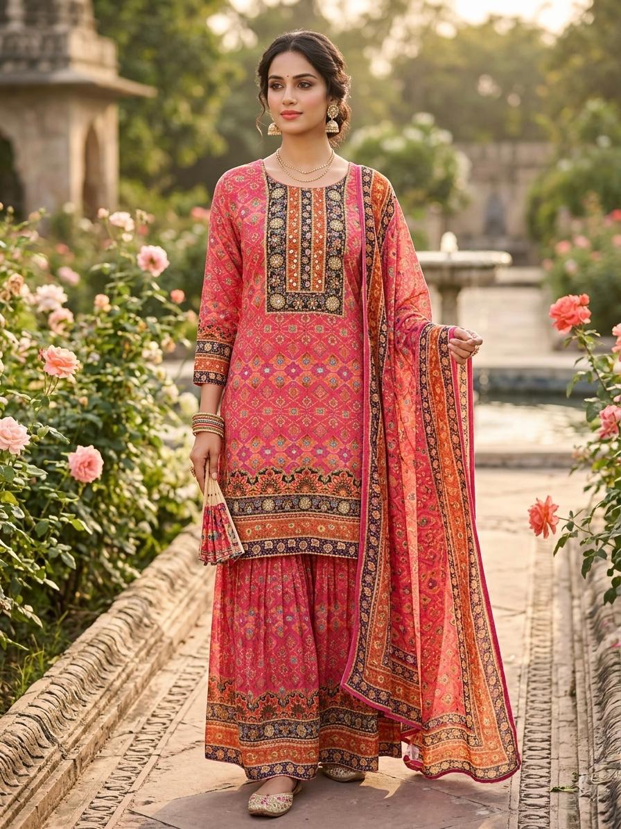 Pink Printted Crepe Sharara Set