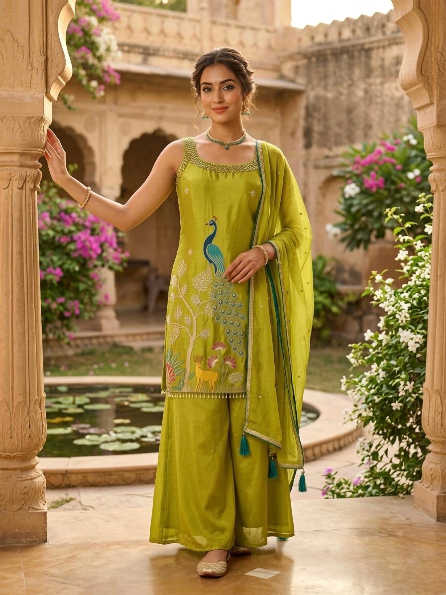 Lime Green Peacock Sharara Set