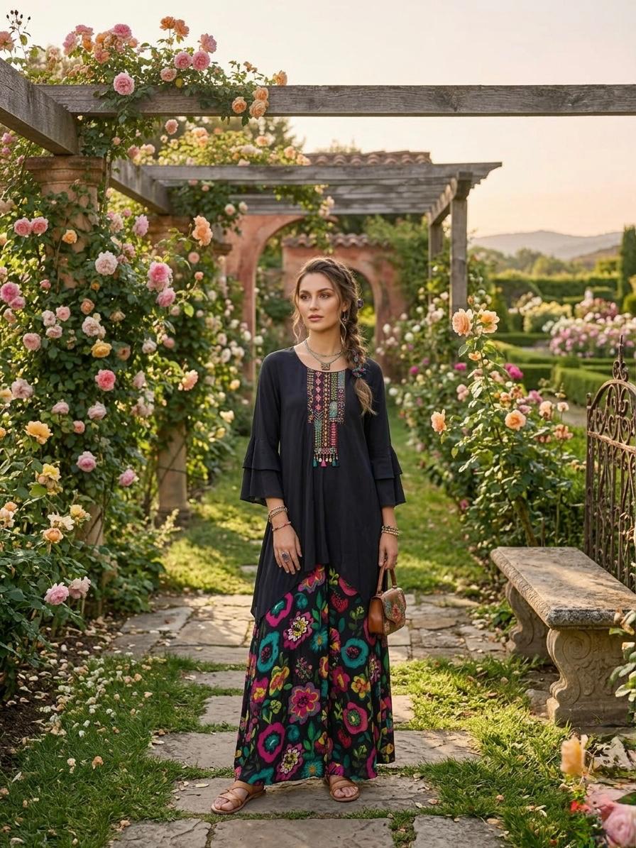 Black Printed Crepe Kaftan Set
