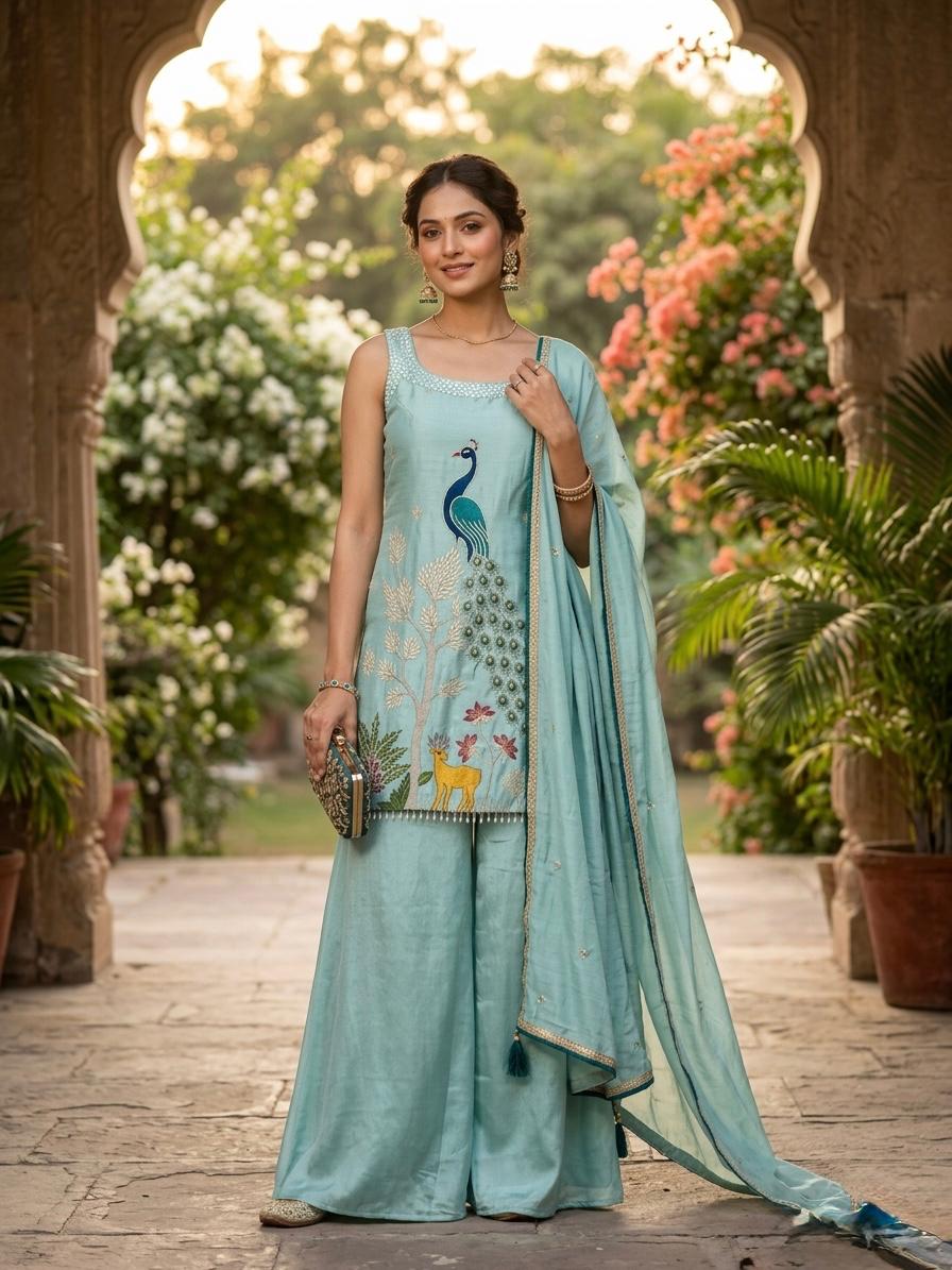 Sky Blue Peacock Sharara Set