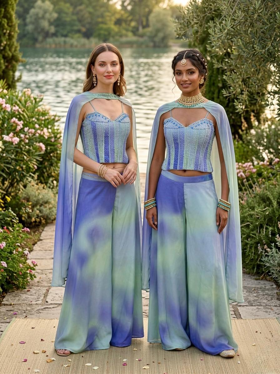 Blue Tie-Dye Corset Crepe Sharara Set