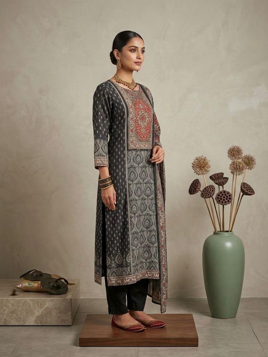 Black Yellow Printed Crepe Punjabi Set