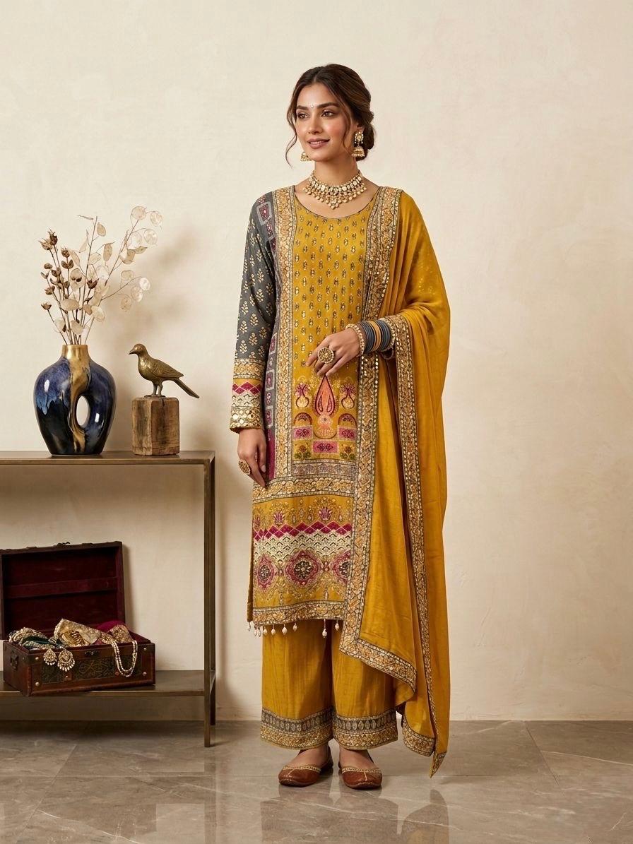 Mustard Yellow Printed Crepe Punjabi Set