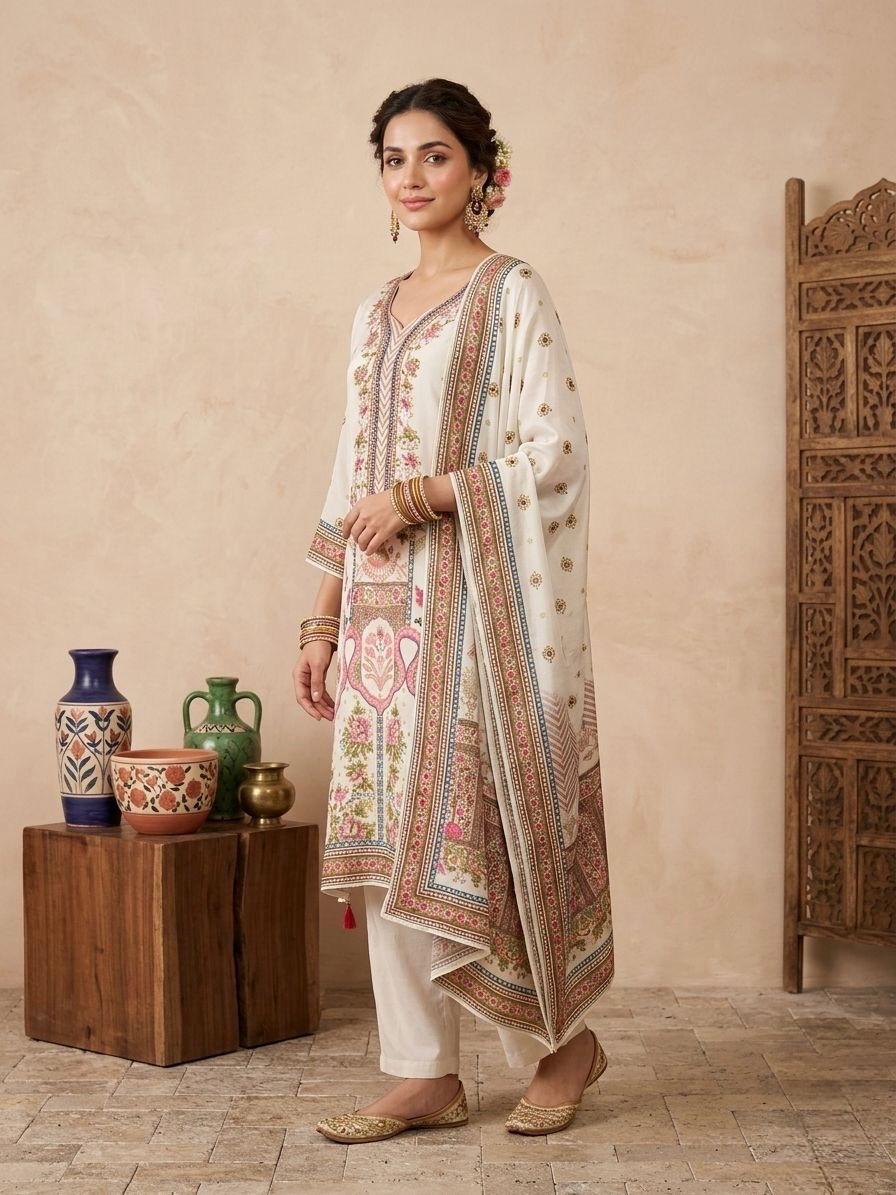 White Printed Crepe Sharara Set