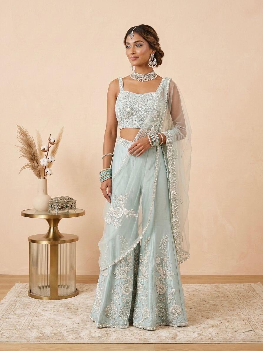Sky Blue Kardana Embroidery Sharara Set
