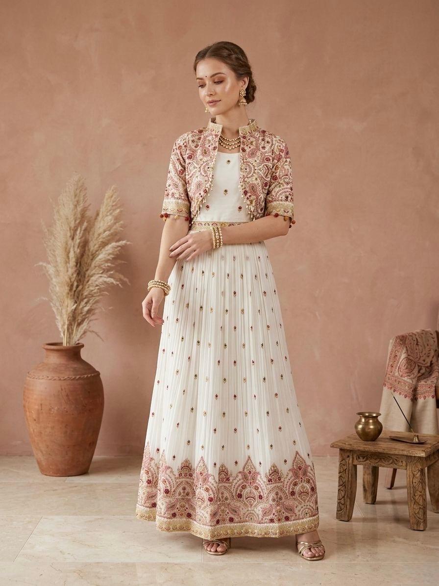 White Embroidery Jacket Anarkali Set