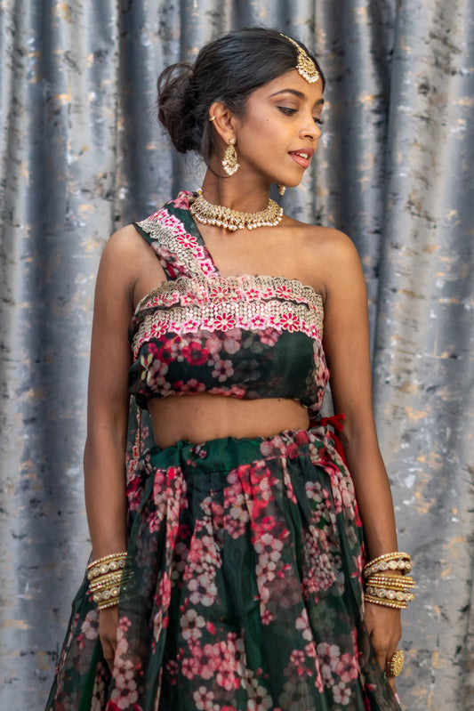 Unstitched Green Floral Organza Unstitched Lehenga Set