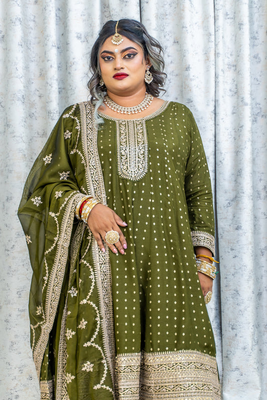 Mehendi Green Chinon Silk Punjabi Set With Embroidery