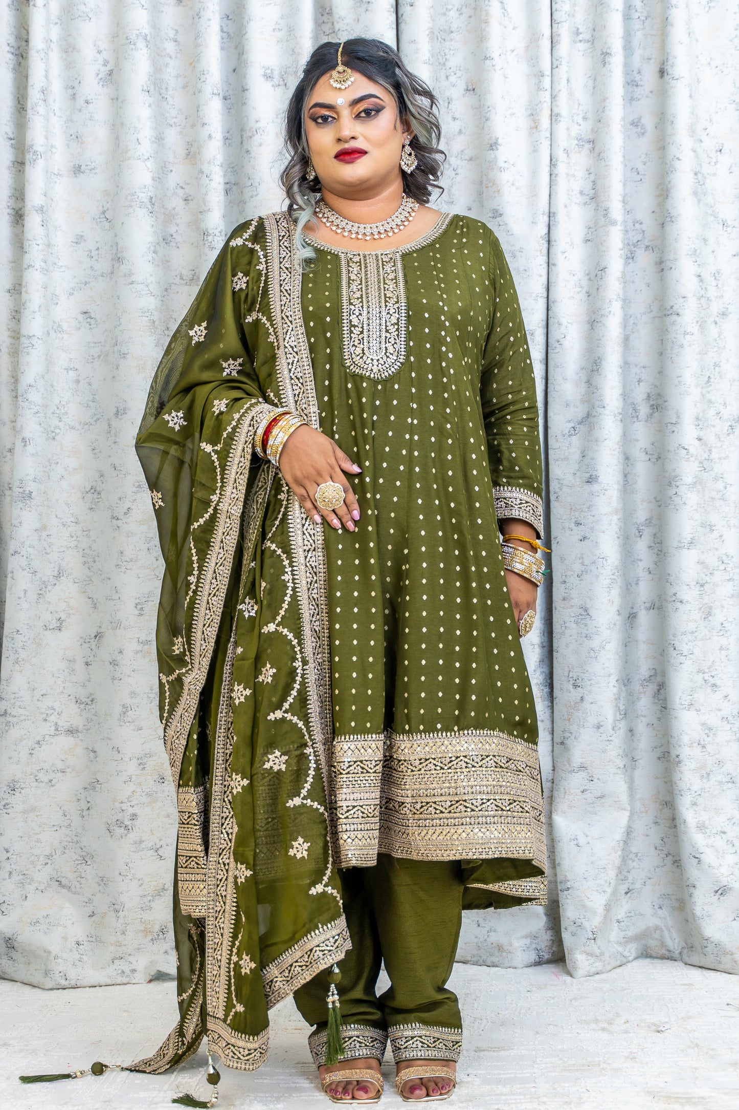 Mehendi Green Chinon Silk Punjabi Set With Embroidery