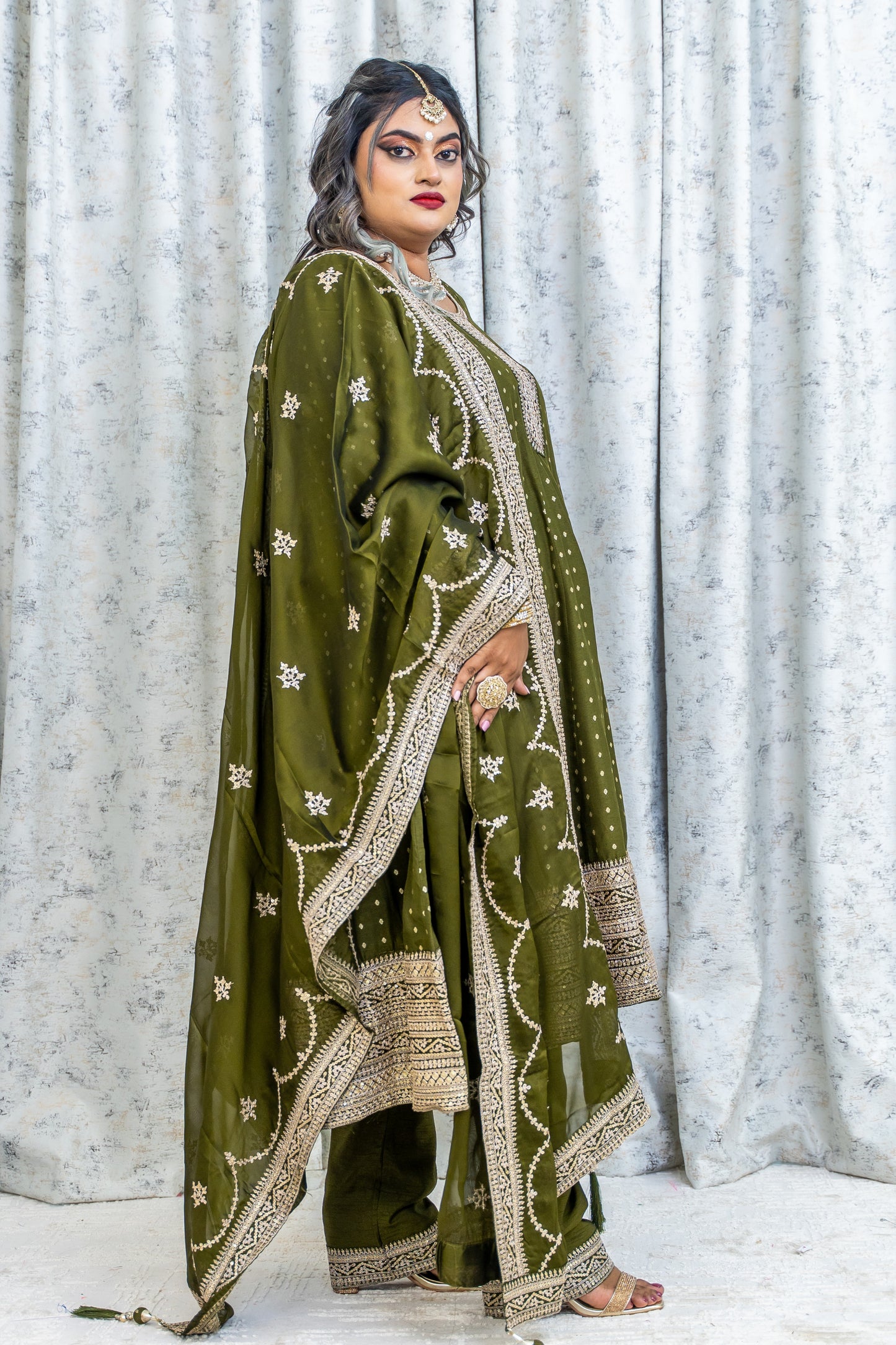 Mehendi Green Chinon Silk Punjabi Set With Embroidery