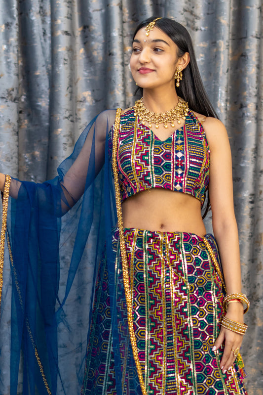 Royal Blue Cotton Lehenga Set with Embroidery