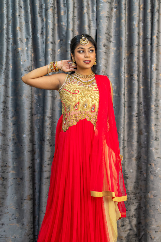 Red Net Punjabi Set with Swarovski Stone Work