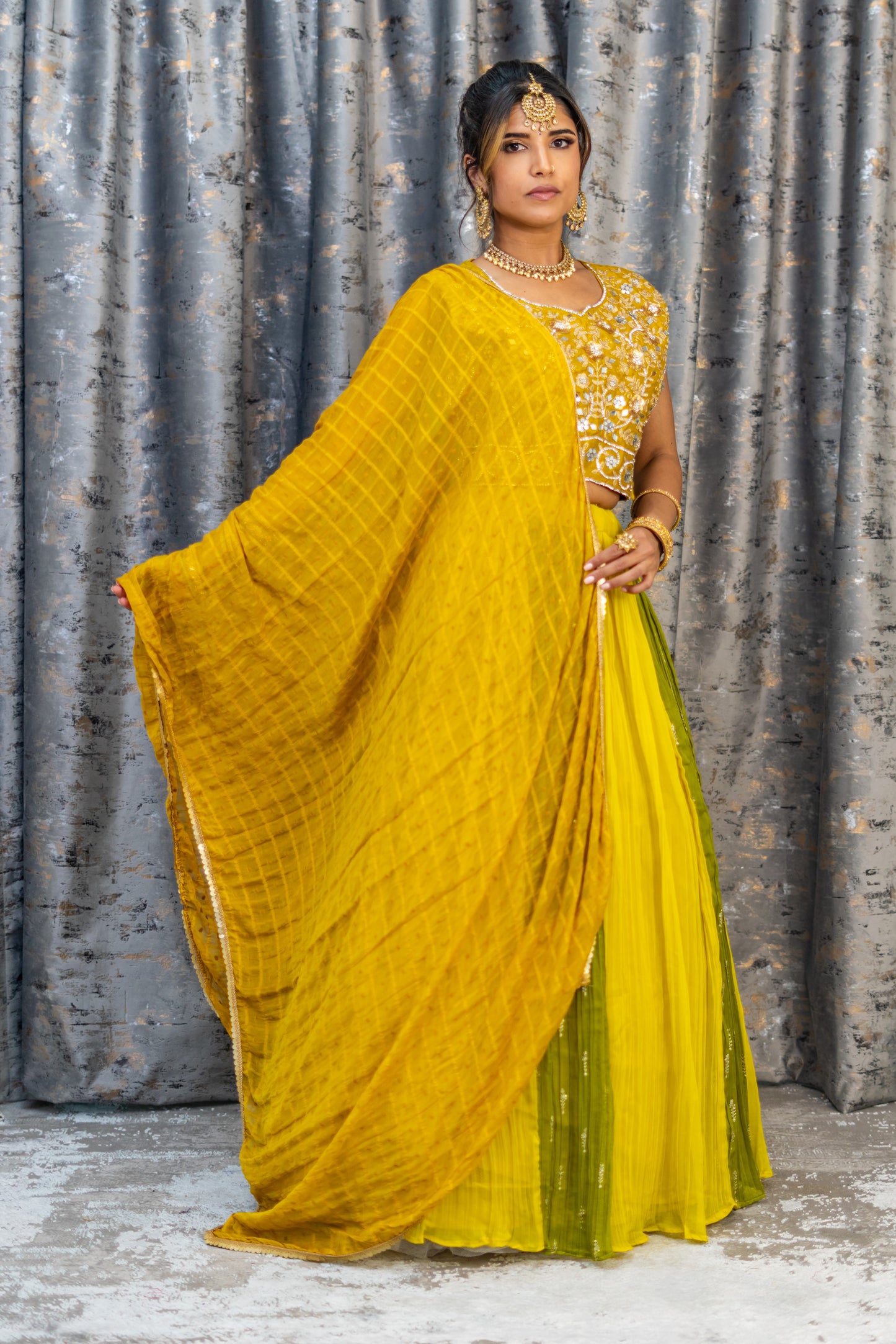 Green & Yellow Chiffon Lehenga Set