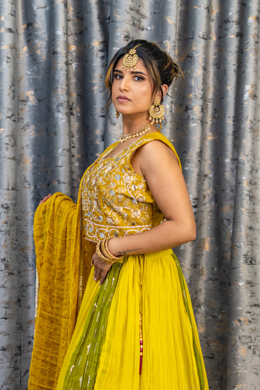 Green & Yellow Chiffon Lehenga Set
