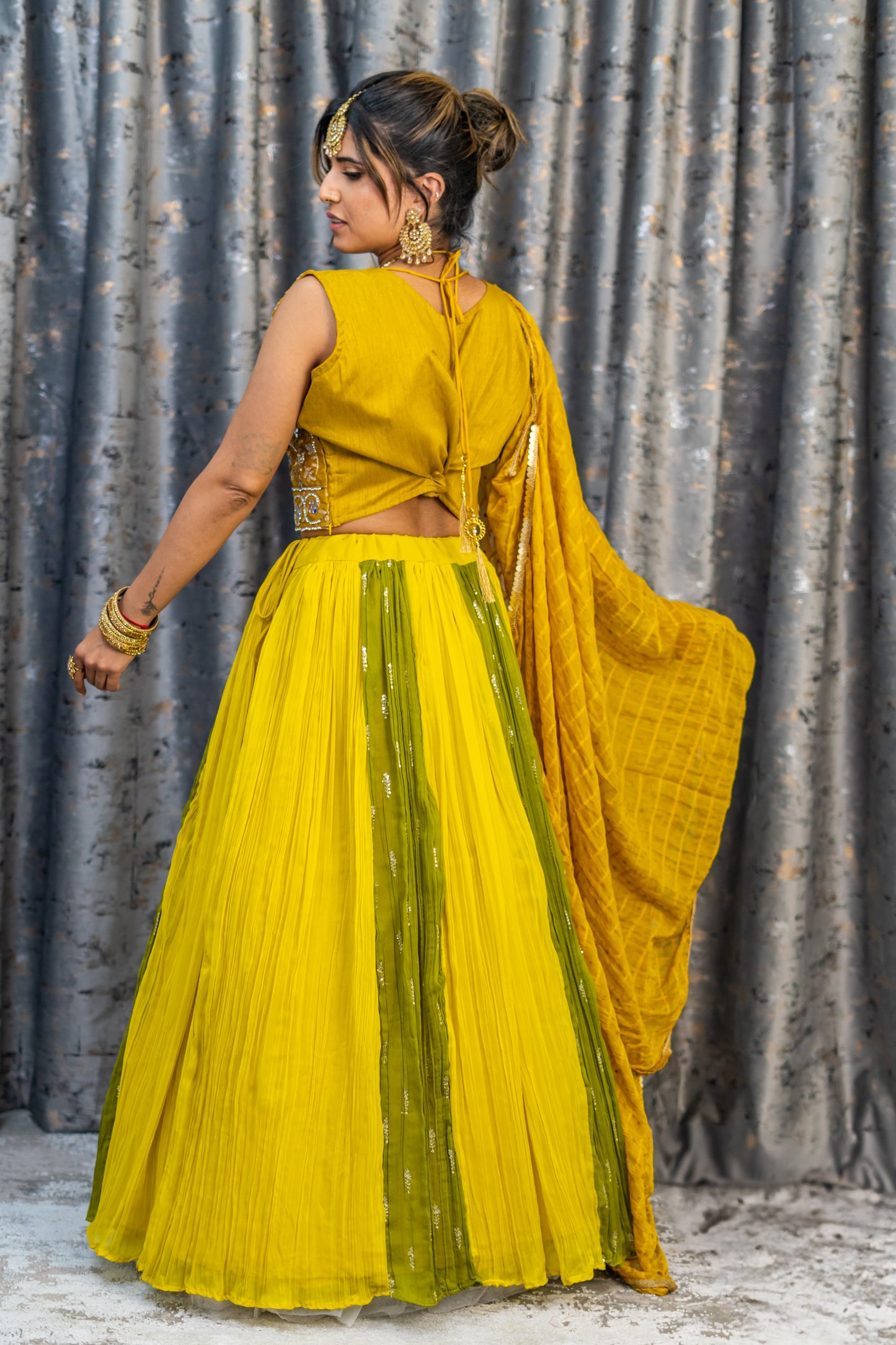 Green & Yellow Chiffon Lehenga Set