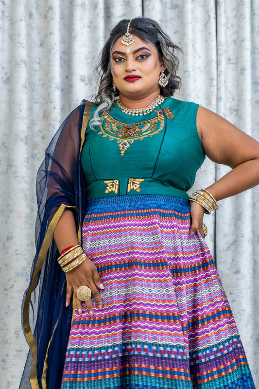 Colourful Printed Raw Silk Punjabi Set