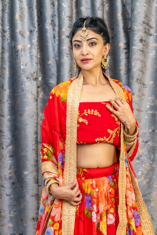 Red Floral Organza Unstitched Lehenga Set