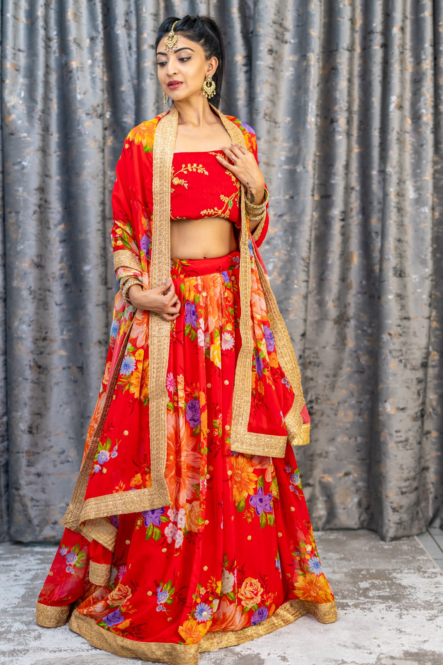 Red Floral Organza Unstitched Lehenga Set