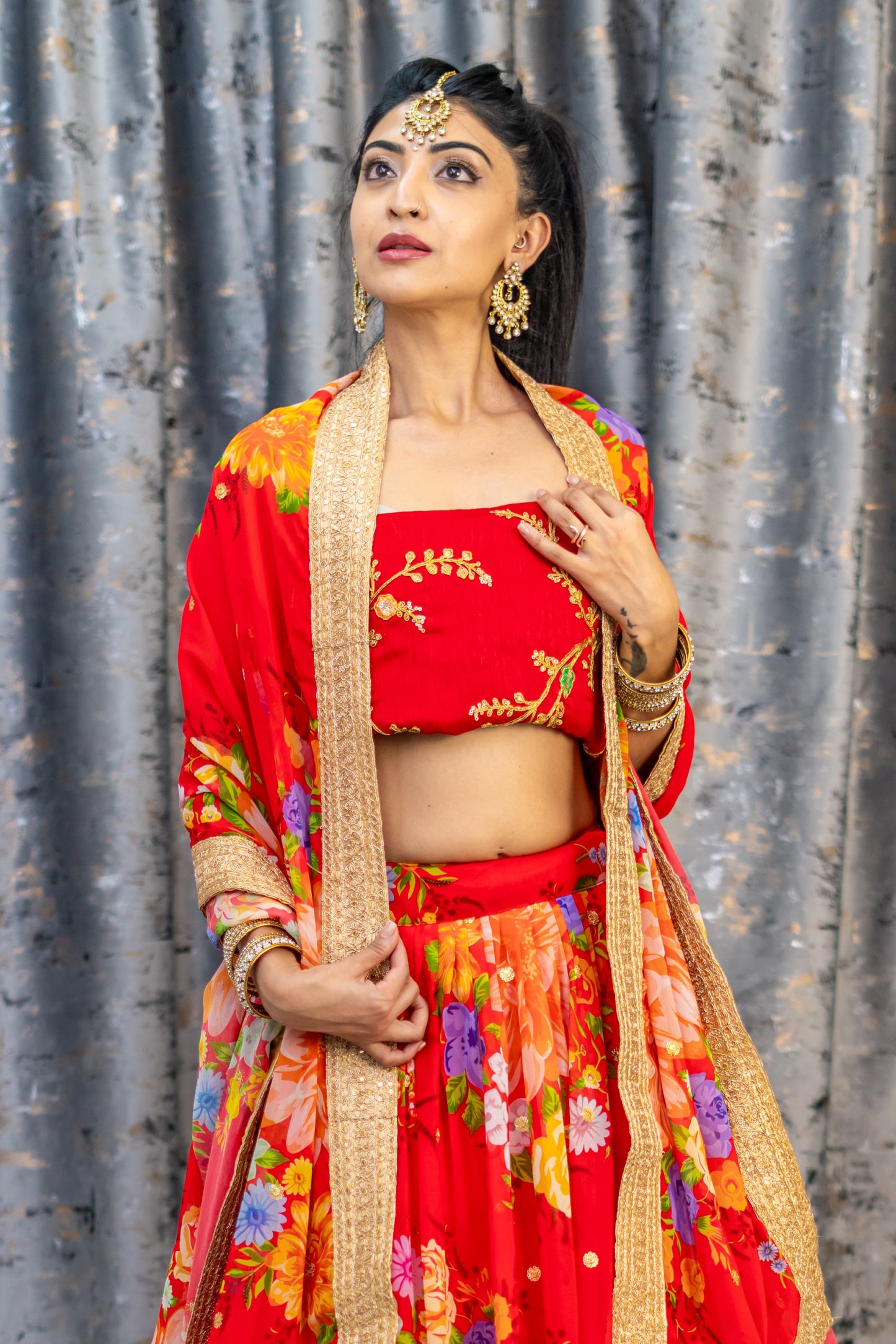 Red Floral Organza Unstitched Lehenga Set