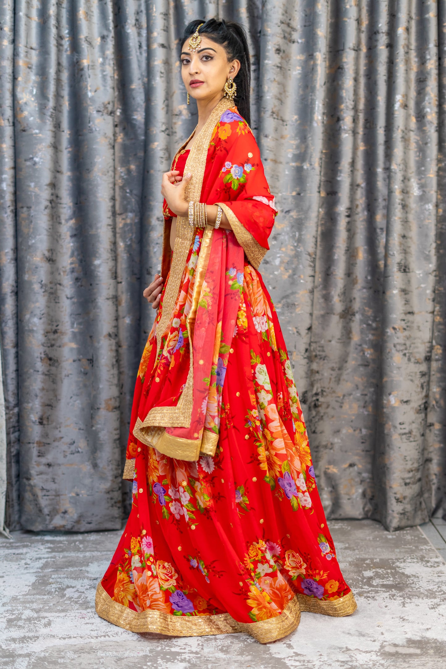 Red Floral Organza Unstitched Lehenga Set